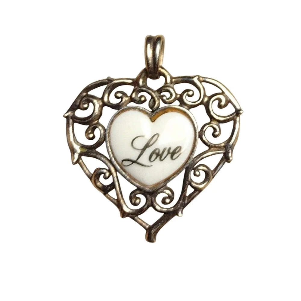 Vintage Lennox China Silver Silver 14k Gold Wash Heart Pendant